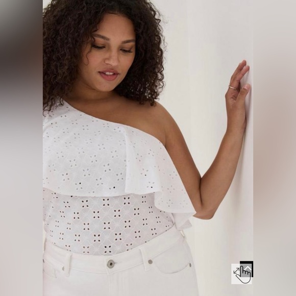 Torrid sz 5 One Shoulder Ruffle Top - Eyelet Jersey White NWT - Picture 2 of 8